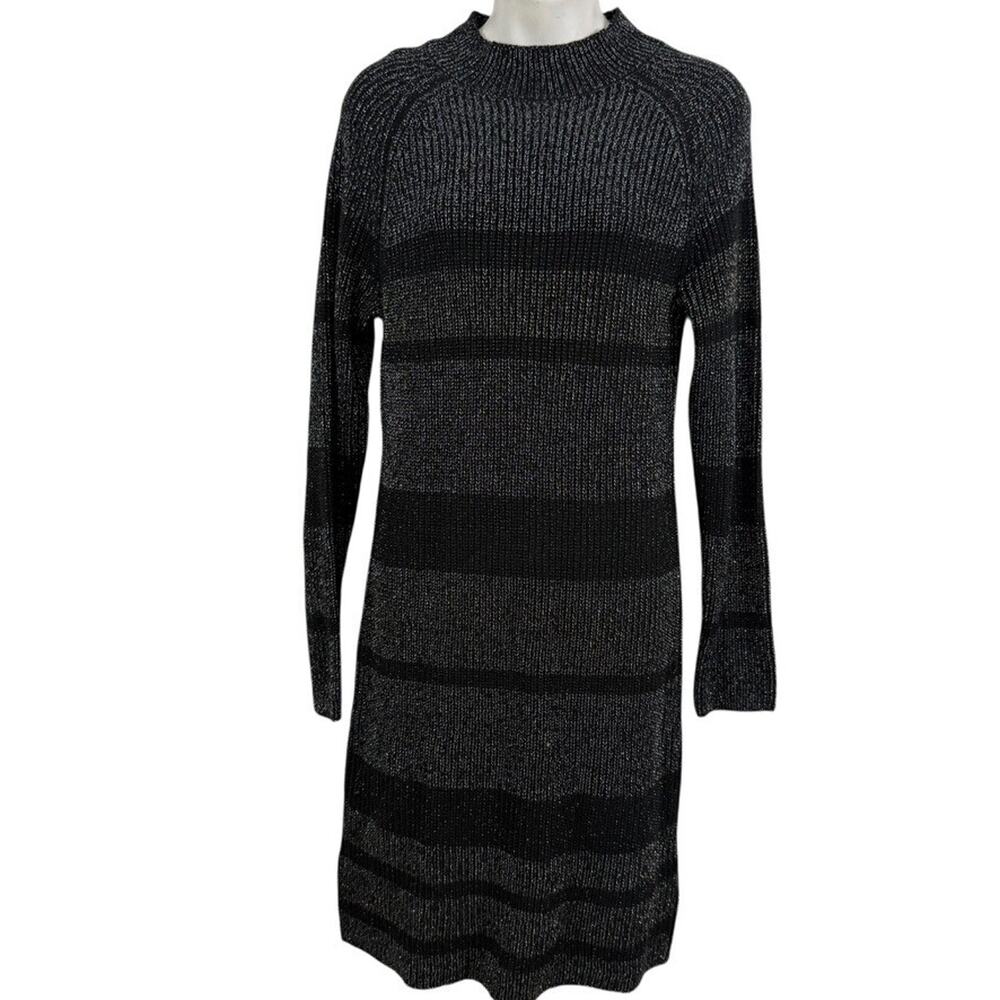 Ophelia Roe Womens Black Silver Sweater Knit Striped Long Sleeve Dress sz L